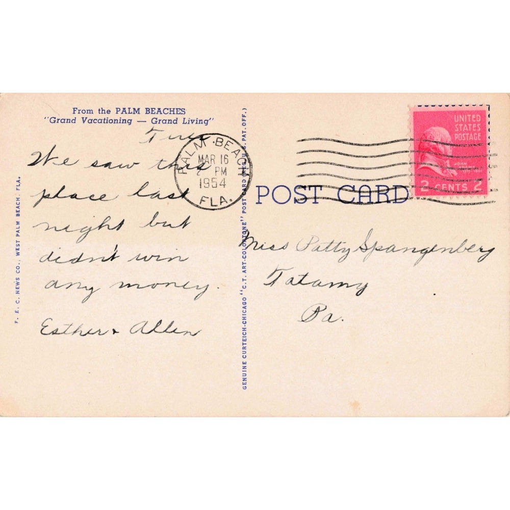 Palm Beach Kennel Club Florida FL Greyhound Dog Racing Linen Postcard 1954 C-41 - Picture 2 of 2